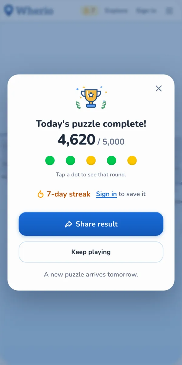 Wherio results card showing a score of 4,620 out of 5,000, five colored round dots and a 7-day streak